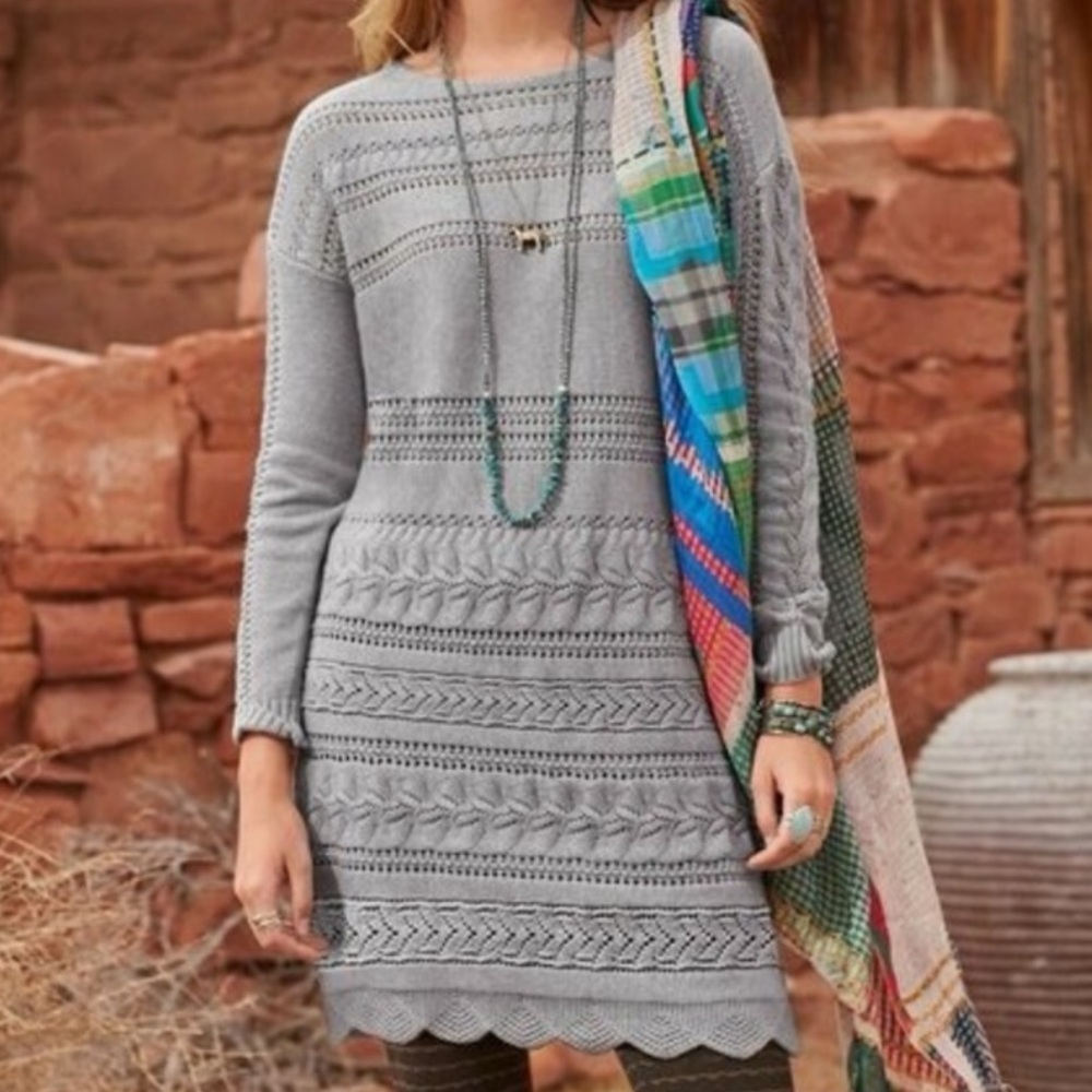 Sundance Cable Knit Sweater Dress XS Gray Silk Blend Pointelle Scallop Hem